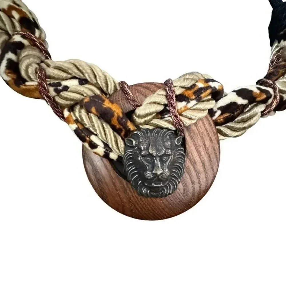 Vintage 80's statement belt lion head jungle braided stretchy one size